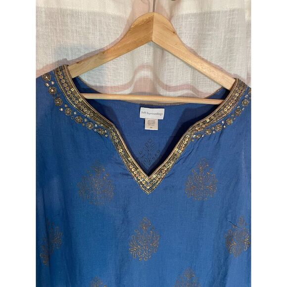 Soft Surroundings Linen Tunic Dress 2X Blue Gold Beaded Sleeveless Boho GUC - Picture 4 of 7